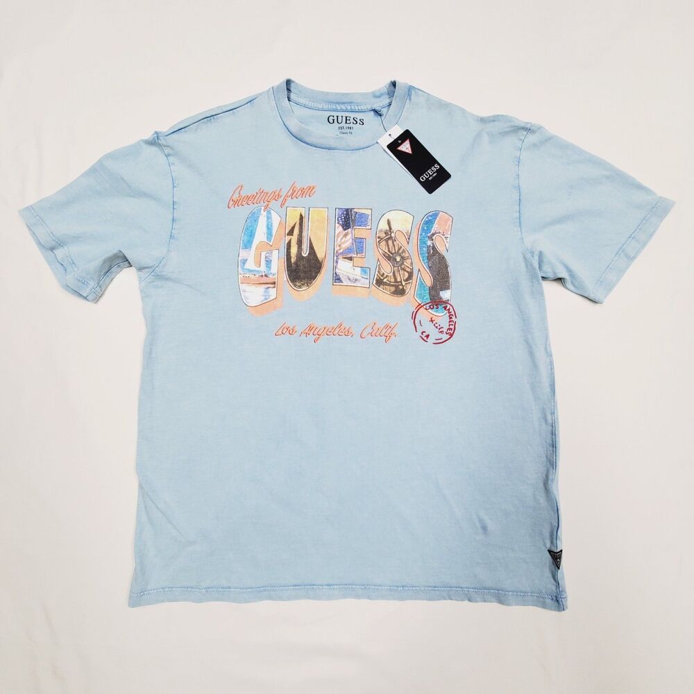 Small Guess Laguna Blue Orange Postcard Tee Classic Fit Graphic T-Shirt 42"